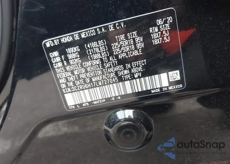 2020 Honda Hr-V Awd Sport z USA, uszkodzony, nr VIN 3CZRU6H17LM727045